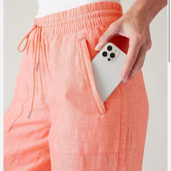 Athleta Linen Wide Leg Pants 22 Coral Pull-On Slit Hem Lightweight Coastal - Picture 7 of 16